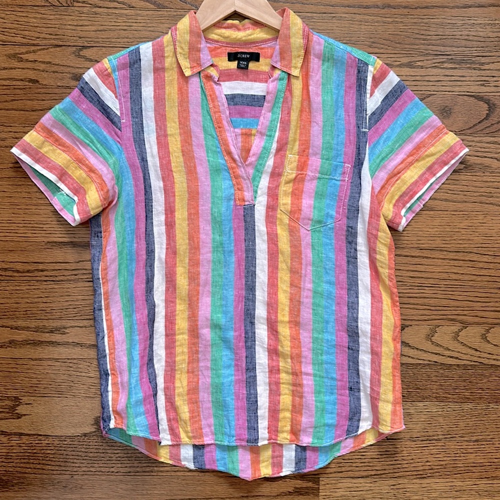 J. Crew Rainbow Stripe Linen Popover Top
